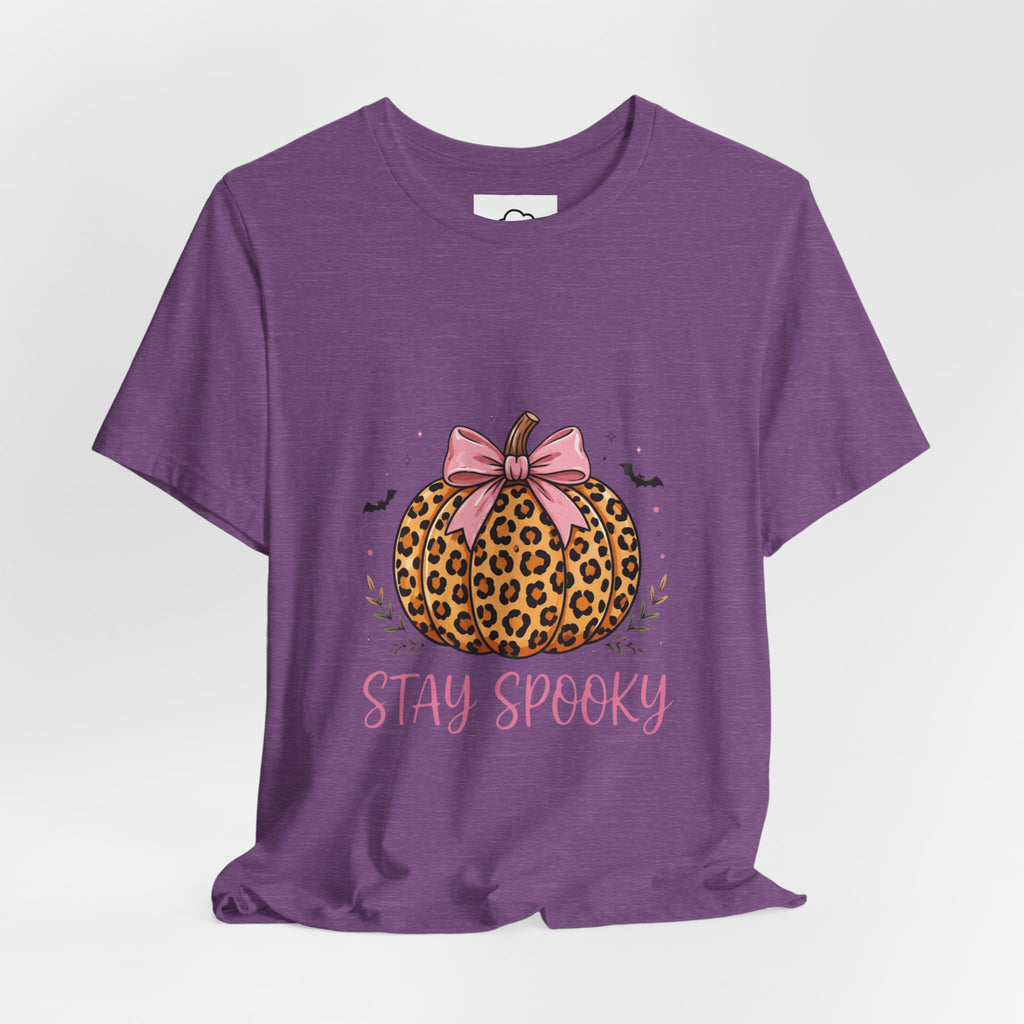 CloudTees Stay Spooky Shirt | Leopard Print Pumpkin Bow Halloween Shirt | Pink Bow Spooky Season Tee