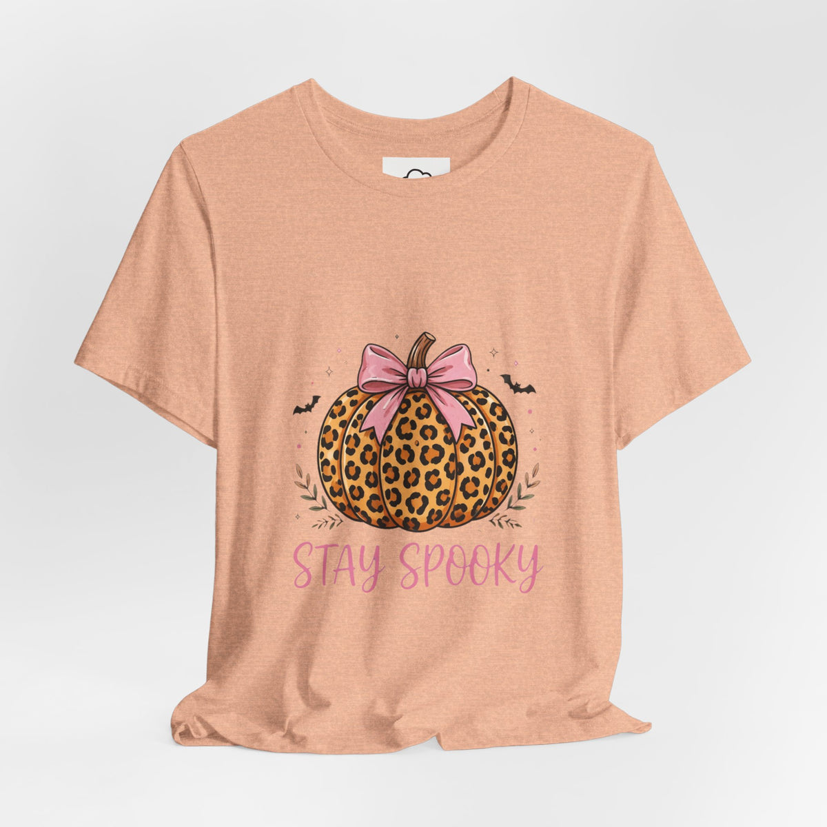 CloudTees Stay Spooky Shirt | Leopard Print Pumpkin Bow Halloween Shirt | Pink Bow Spooky Season Tee