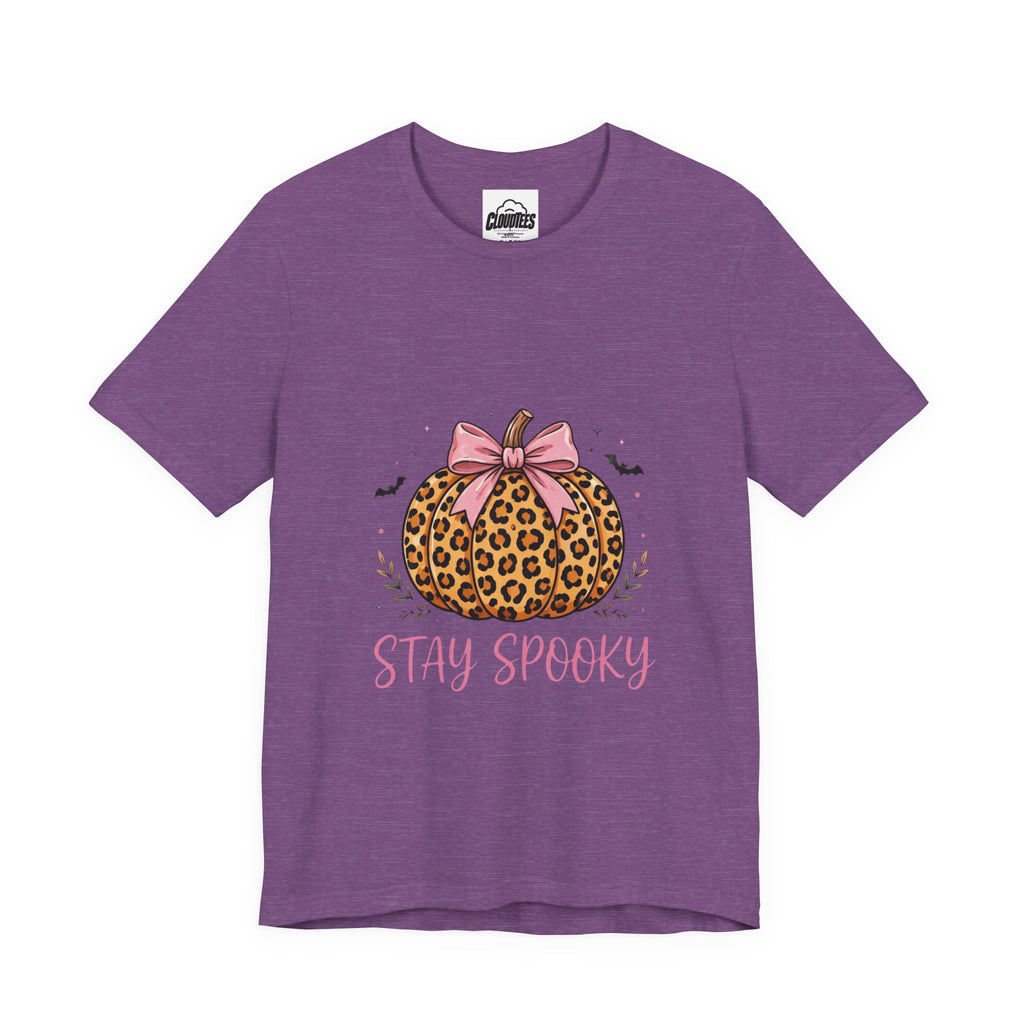 CloudTees Stay Spooky Shirt | Leopard Print Pumpkin Bow Halloween Shirt | Pink Bow Spooky Season Tee