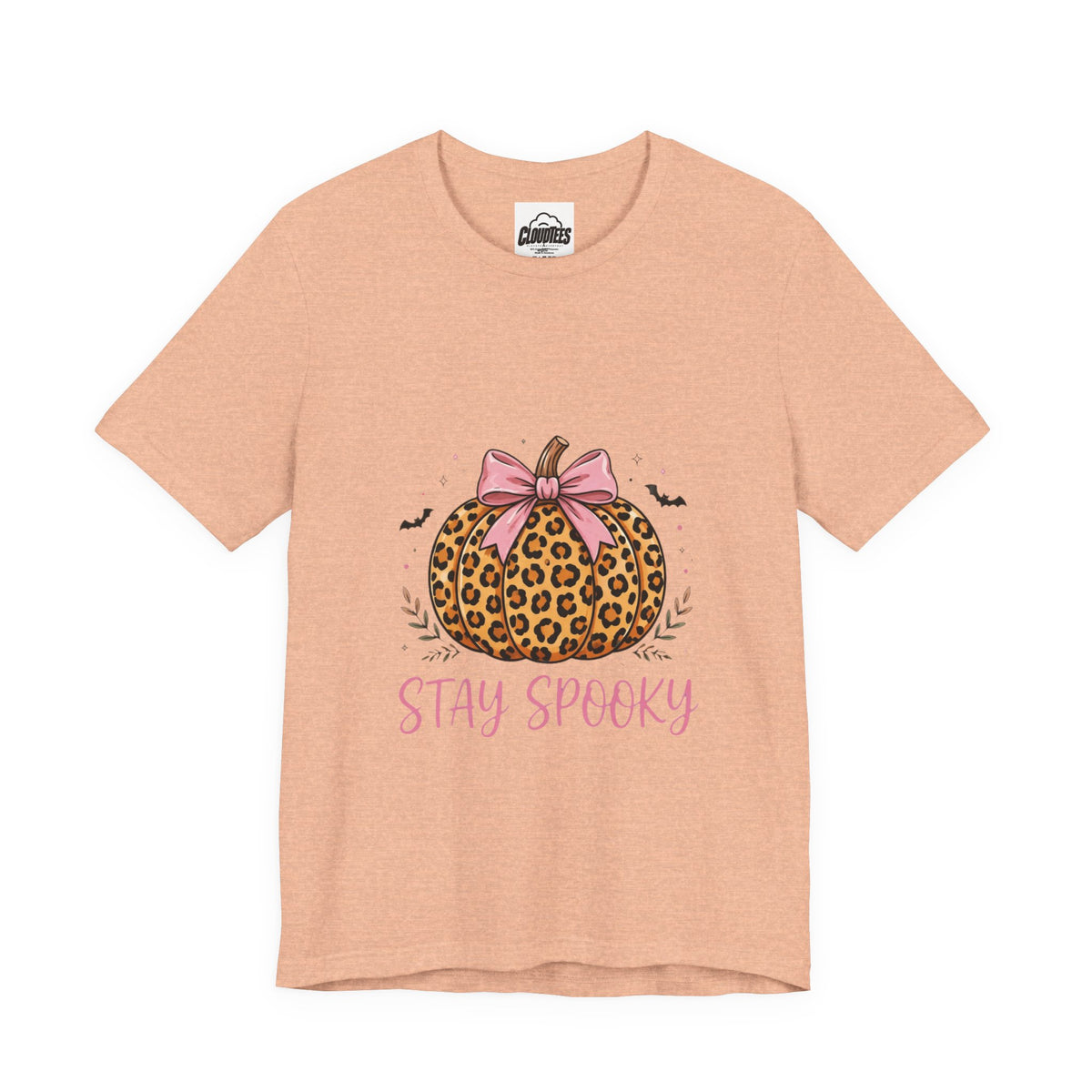 CloudTees Stay Spooky Shirt | Leopard Print Pumpkin Bow Halloween Shirt | Pink Bow Spooky Season Tee