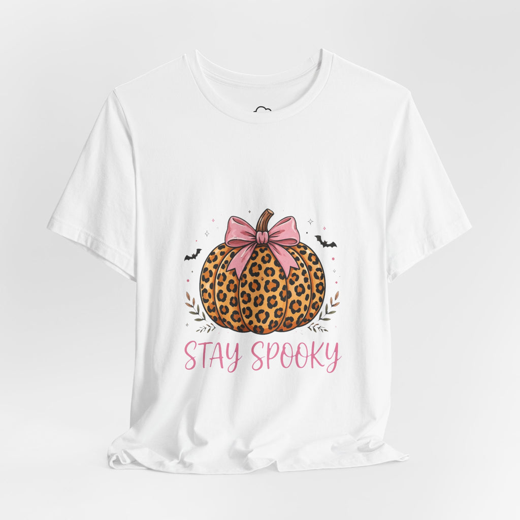 CloudTees Stay Spooky Shirt | Leopard Print Pumpkin Bow Halloween Shirt | Pink Bow Spooky Season Tee