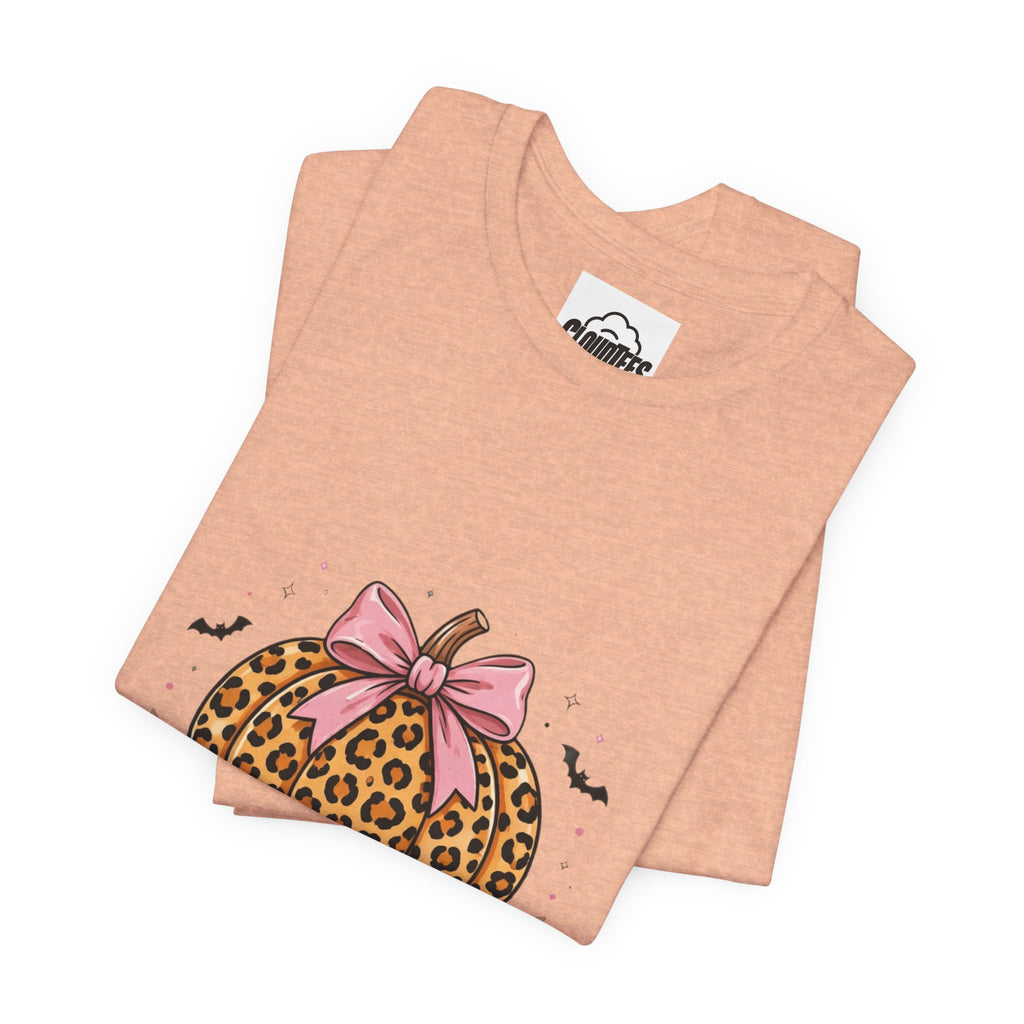 CloudTees Stay Spooky Shirt | Leopard Print Pumpkin Bow Halloween Shirt | Pink Bow Spooky Season Tee