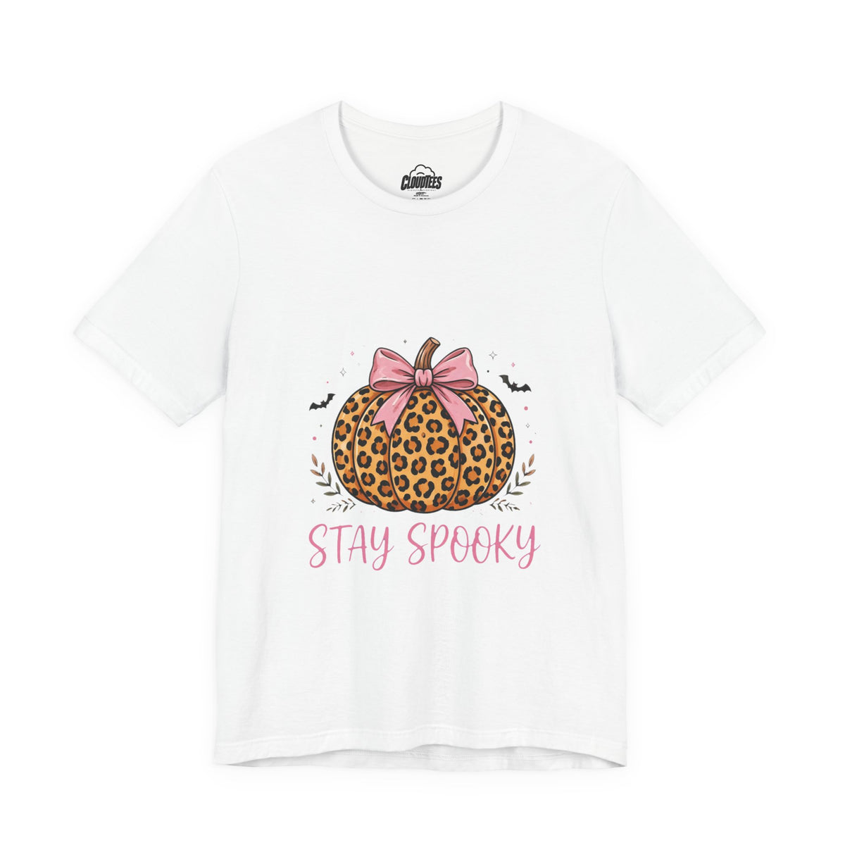 CloudTees Stay Spooky Shirt | Leopard Print Pumpkin Bow Halloween Shirt | Pink Bow Spooky Season Tee